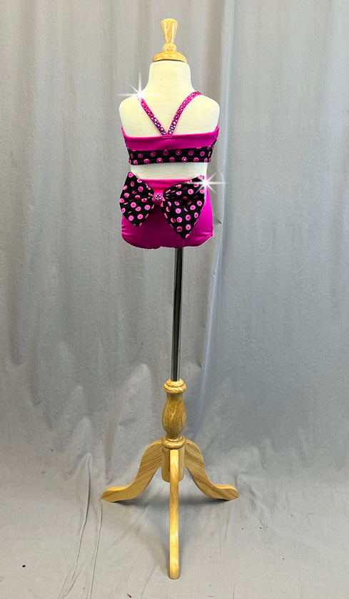 Custom Black and Pink Polka Dot Two Piece with Ruffled Seams and Back Bow - Rhinestones