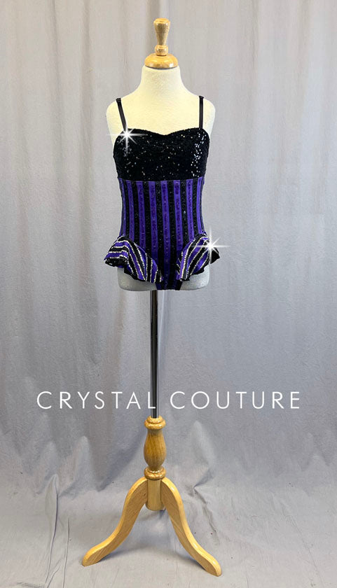 Purple and Black Striped Sequined Leotard with Hip Line Ruffles - Rhinestones
