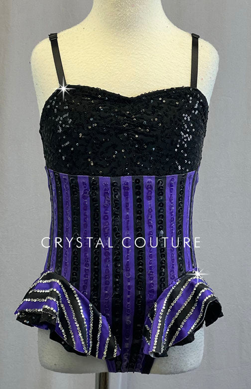 Purple and Black Striped Sequined Leotard with Hip Line Ruffles - Rhinestones