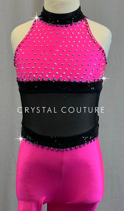 Pink Unitard with Black Mesh - Rhinestones