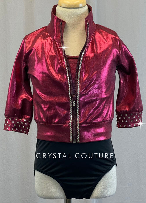 Burgundy Elbow Length Zip Up Jacket with Trunks and Rhinestones