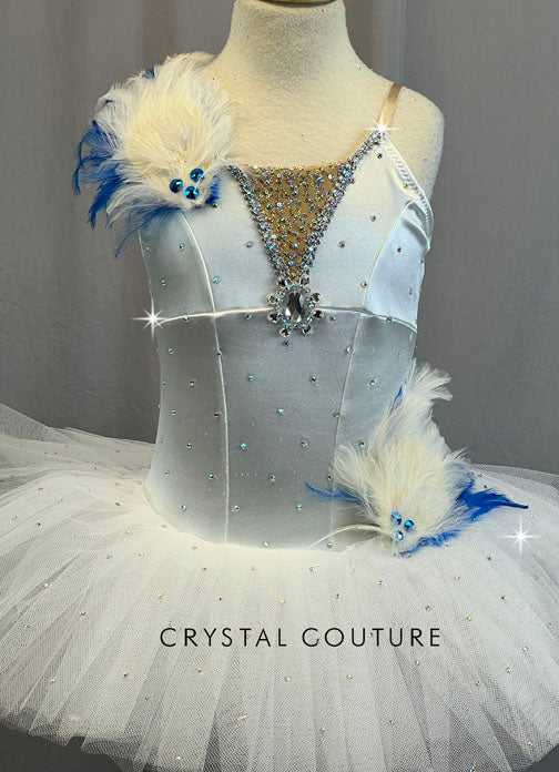 White Soft Tutu w/Attached White Leotard and Blue Feathers - Rhinestones