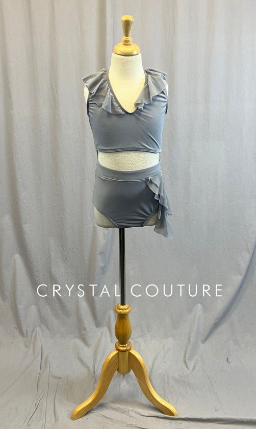 Grey Connected Two Piece with Side Bustle and Ruffle Neckline