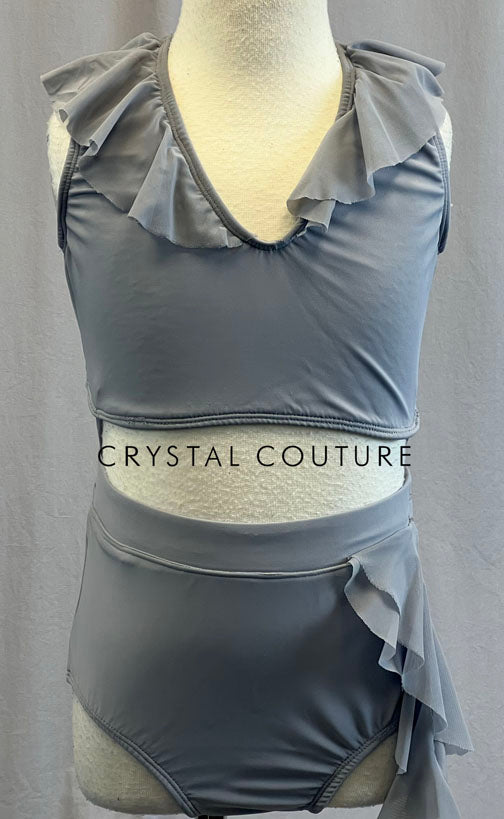 Grey Connected Two Piece with Side Bustle & Ruffle Neckline