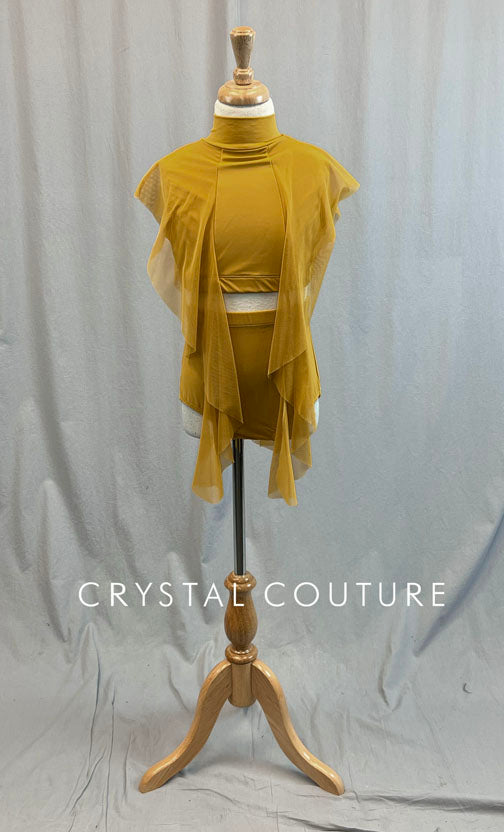Mustard Yellow Mock Neck Two Piece with Mesh Drape Sleeves