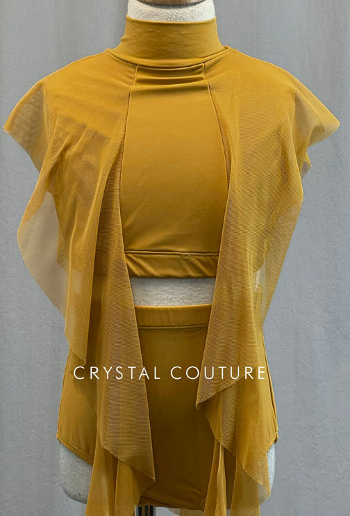 Mustard Yellow Mock Neck Two Piece with Mesh Drape Sleeves