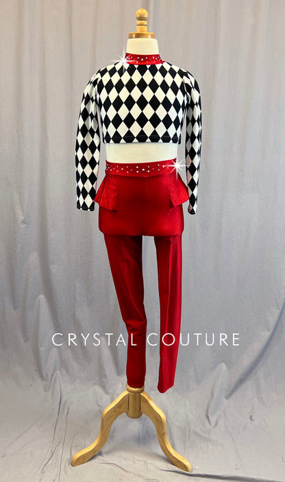 Custom Black and White Checkered Long Sleeve Top with Red Ruffled Leggings - Rhinestones