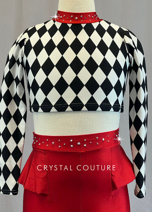 Custom Black and White Checkered Long Sleeve Top with Red Ruffled Leggings - Rhinestones