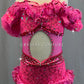 Hot Pink One Piece with Open Midriff and Rufffles - Rhinestones
