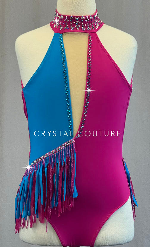 Custom Pink and Blue Open Back Leotard with Asymmetrical Fring Skirt - Rhinestones