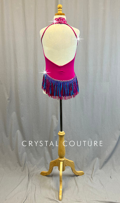 Custom Pink and Blue Open Back Leotard with Asymmetrical Fring Skirt - Rhinestones