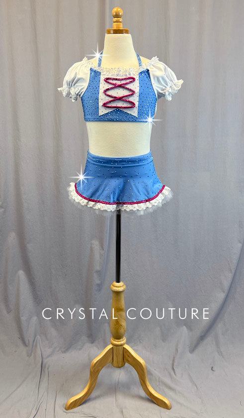 Custom Blue and White Two Piece with Short Puff Sleeves - Rhinestones