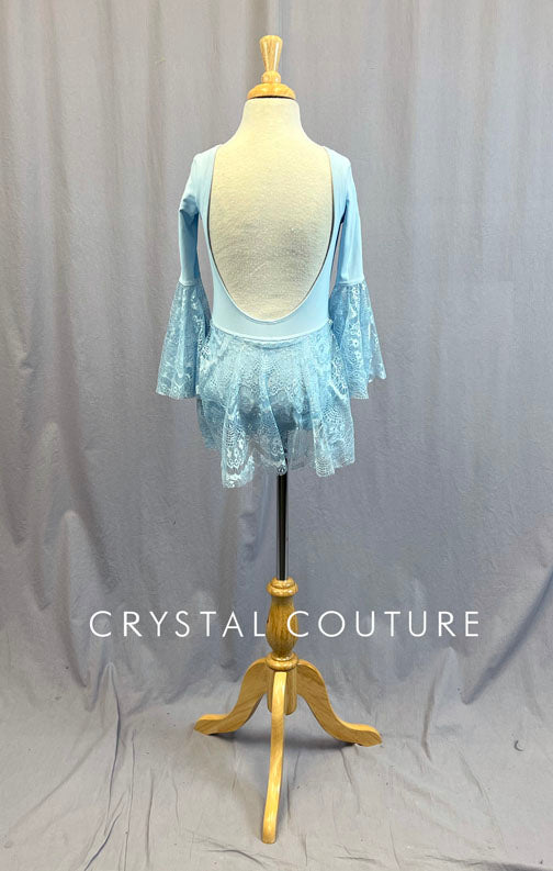 Custom Baby Blue Open Back Leotard with Lace Skirt and Flare Sleeves