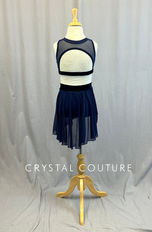 Navy Blue Velour and Mesh Two Piece with Asymmetrical Skirt