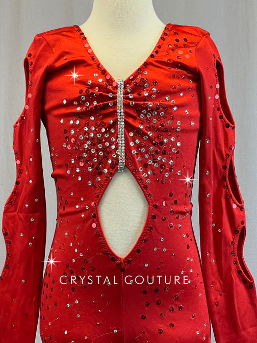 Red Long Sleeved Biketard with Cutouts - Rhinestones