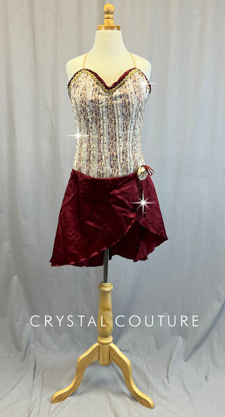 Ivory and Gold Corset Top with Maroon Wrap Skirt - Rhinestones