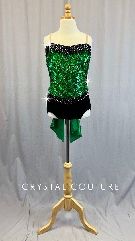 Green Sequin Leotard with Velour Bottoms and Back Bow - Rhinestones