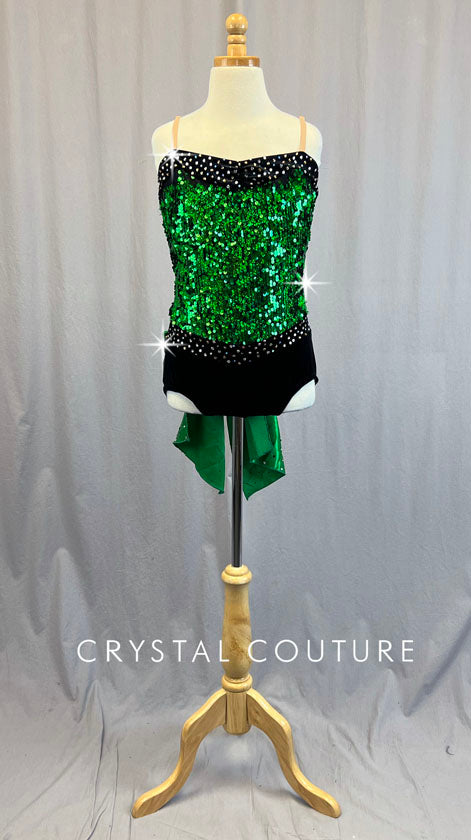 Green Sequin Leotard with Velour Bottoms & Back Bow - Rhinestones