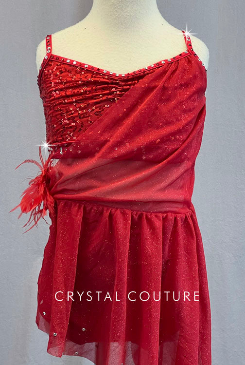 Red Shimmer Asymmetrical Wrap Dress - Rhinestones