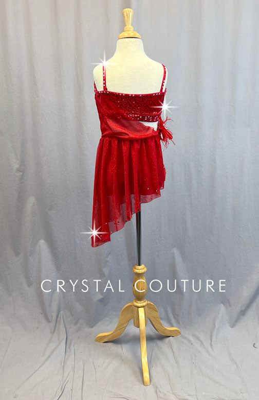 Red Shimmer Asymmetrical Wrap Dress - Rhinestones