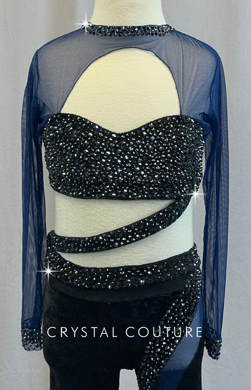 Custom Black Velour and Navy Mesh Connected Two Piece - Rhinestones –  Crystal Couture
