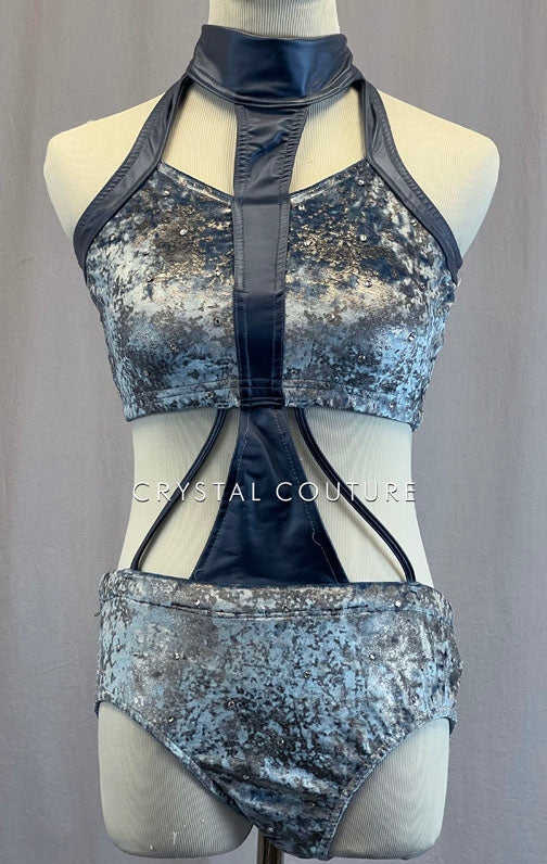 Dusty Blue Velour Connected Two Piece - Rhinestones