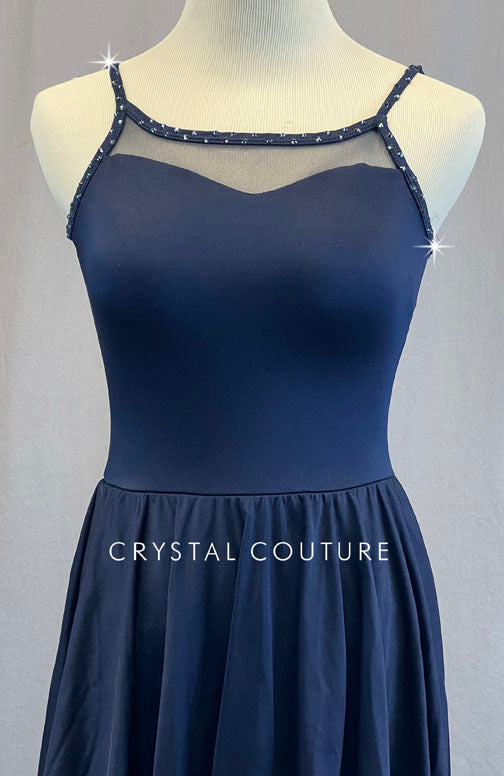 Navy Blue Camisole Dress with Mesh Hem - Rhinestones