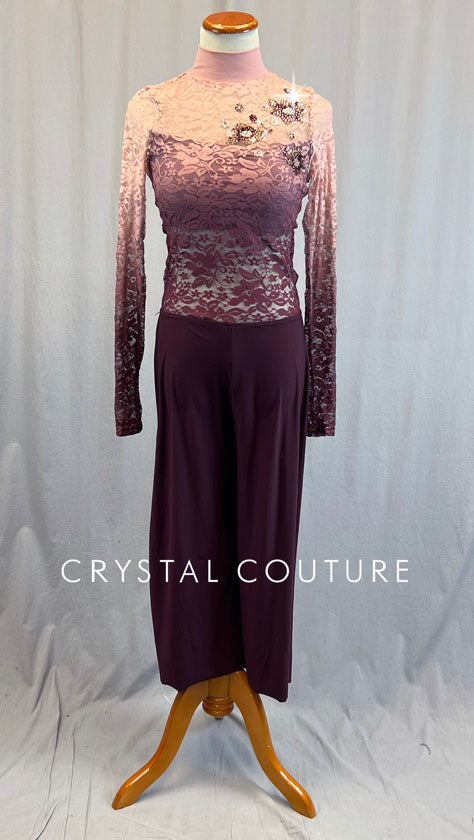 Pink and Burgundy Ombre Lace Jumpsuit with Wide Leg Pants - Rhinestones