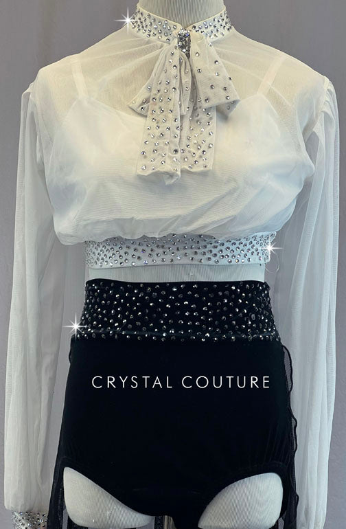 White Flouncy Long Sleeve Top & Black Half Skirt - Rhinestones