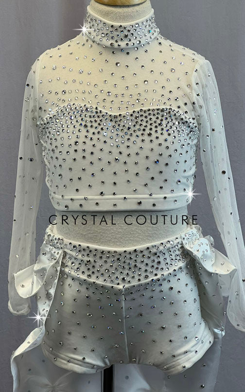 White Two Piece with Long Mesh Sleeves & Gathered Back Skirt - Rhinestones