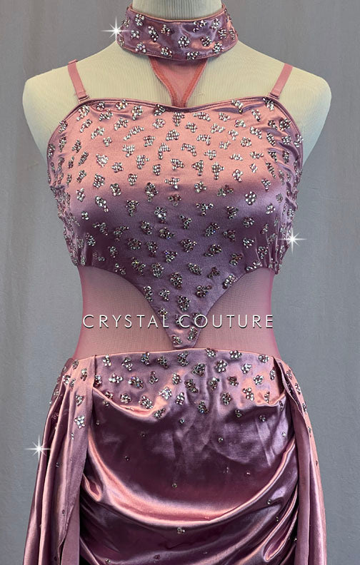 Silky Rose Dress with Mesh Cutouts & Attached Choker - Rhinestones