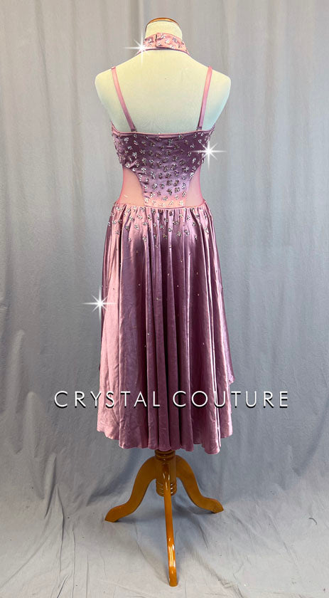 Silky Rose Dress with Mesh Cutouts and Attached Choker - Rhinestones