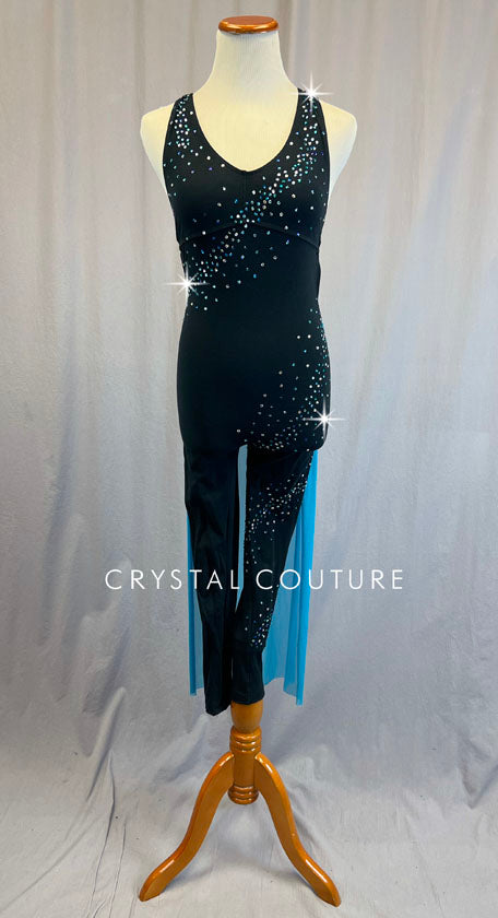 Black Racerback Unitard with Bright Blue Back Skirt - Rhinestones