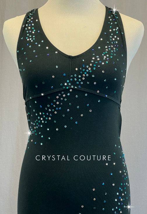 Black Racerback Unitard with Bright Blue Back Skirt - Rhinestones