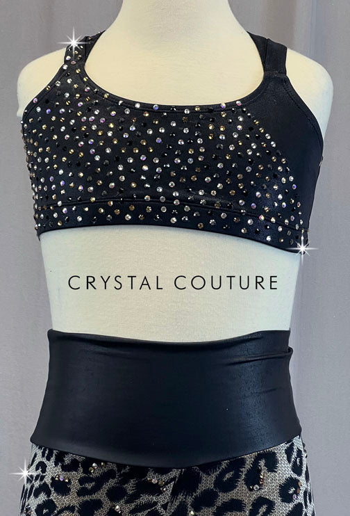 Back Strappy Back Bra Top with High Waisted Animal Print Leggings - Rhinestones
