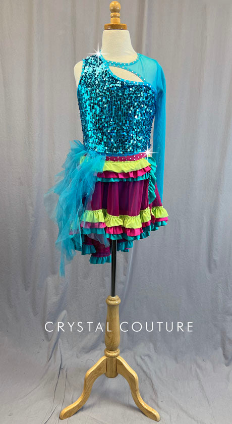 Sequined Blue Asymmetrical Leotard with Pink and Yellow Ruffled Skirt - Rhinestones