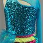 Sequined Blue Asymmetrical Leotard with Pink and Yellow Ruffled Skirt - Rhinestones
