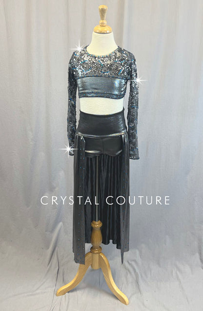Pewter Sequined Two Piece with Back Skirt - Rhinestones