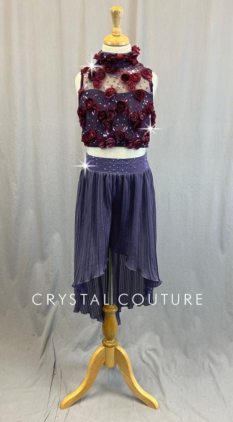 Shades of Purple Two Piece Top & Skirt with 3D Flowers - Rhinestones