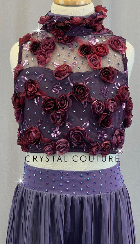 Shades of Purple Two Piece Top & Skirt with 3D Flowers - Rhinestones