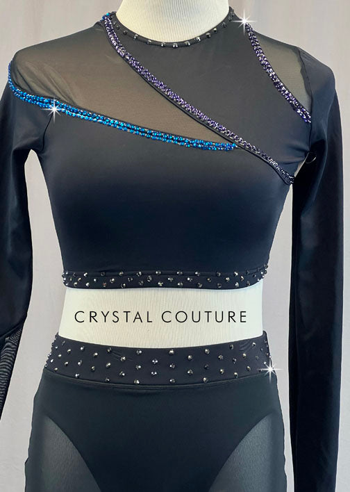 Black Two Piece with Mesh Cutouts and Purple and Blue Embellishments - Rhinestones