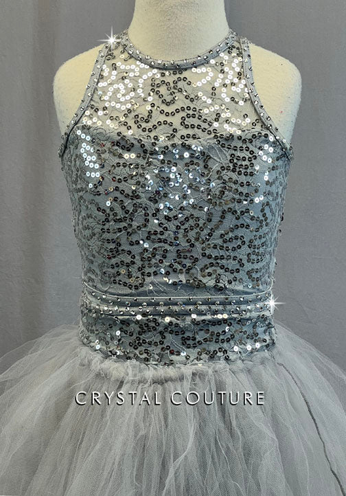 Grey Lace Sequined Top with Ruffled Tulle Skirt - Rhinestones