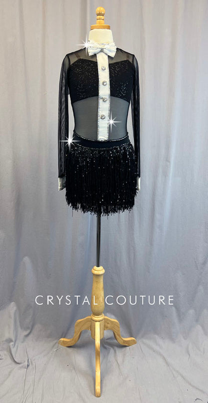 Black Mesh Tux Leotard with Fringe Skirt - Rhinestones