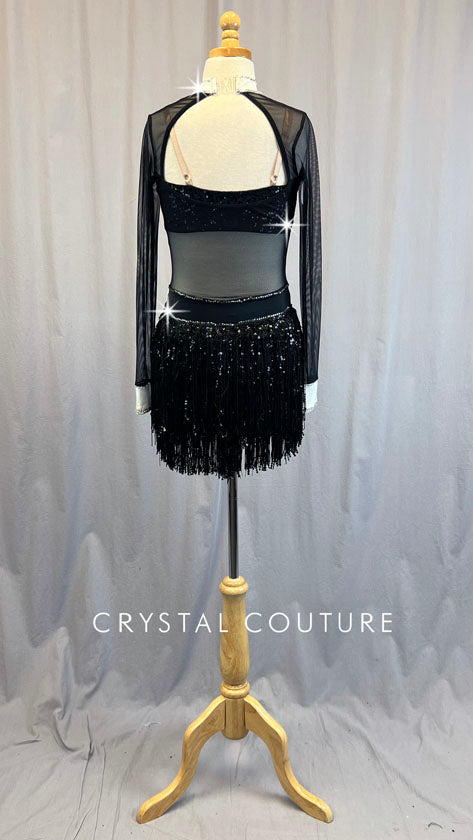 Black Mesh Tux Leotard with Fringe Skirt - Rhinestones