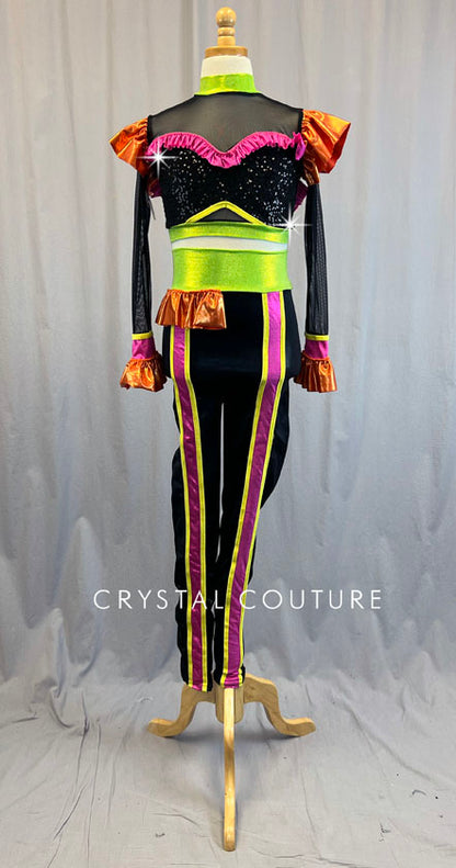 Black Long Sleeve Top & Leggings with Neon Ruffles & Edging