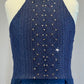 Denim Blue Textured Leotard with Back Skirt - Rhinestones