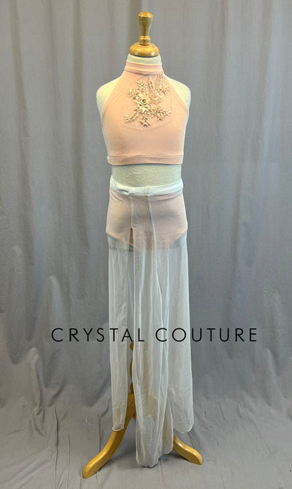 Custom Peach and White Halter Top and Long Skirt with Appliques