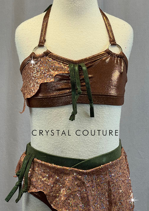 Custom Copper & Olive Green Two Piece with Asymmetrical Zsa Zsa Mini Skirt