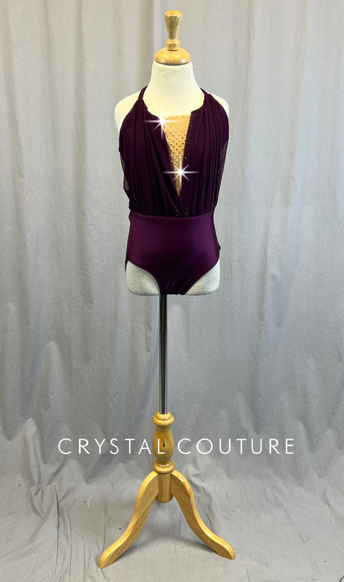 Plum V Neck Leotard with Mesh Top - Rhinestones