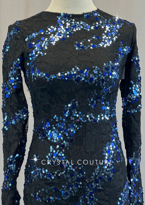 Black Lace Biketard with Blue Sequin Detailing